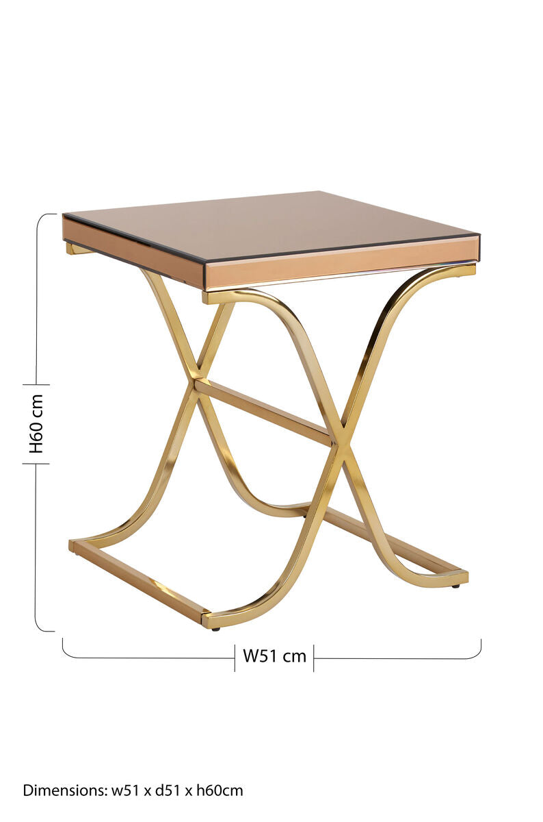 Brown Square Glass Top Side Table with Gold Finish Metallic X-Shaped Base | Kensington Townhouse