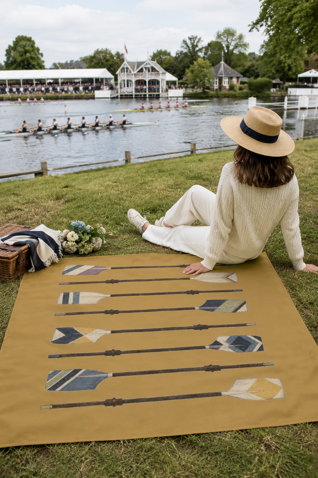 Vintage Rowing Oars Tablecloth, Mustard Regatta Table Linen