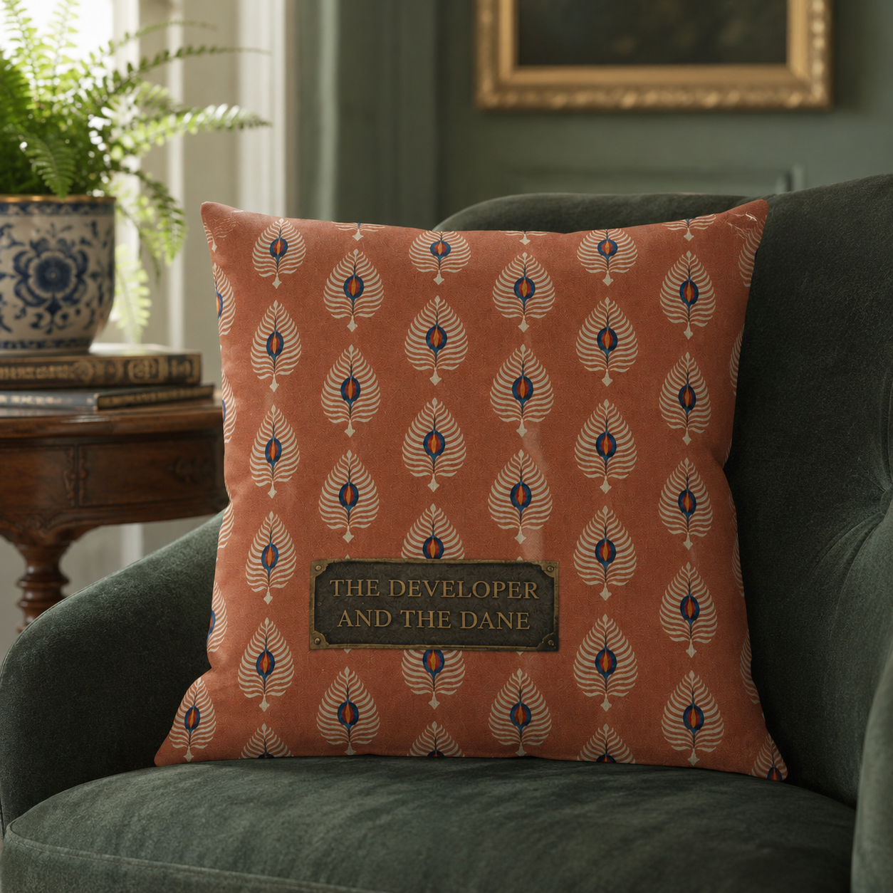 The Feather Motif Plaque Cushion | Rust, Cream & Petrol Canvas-Effect Cushion