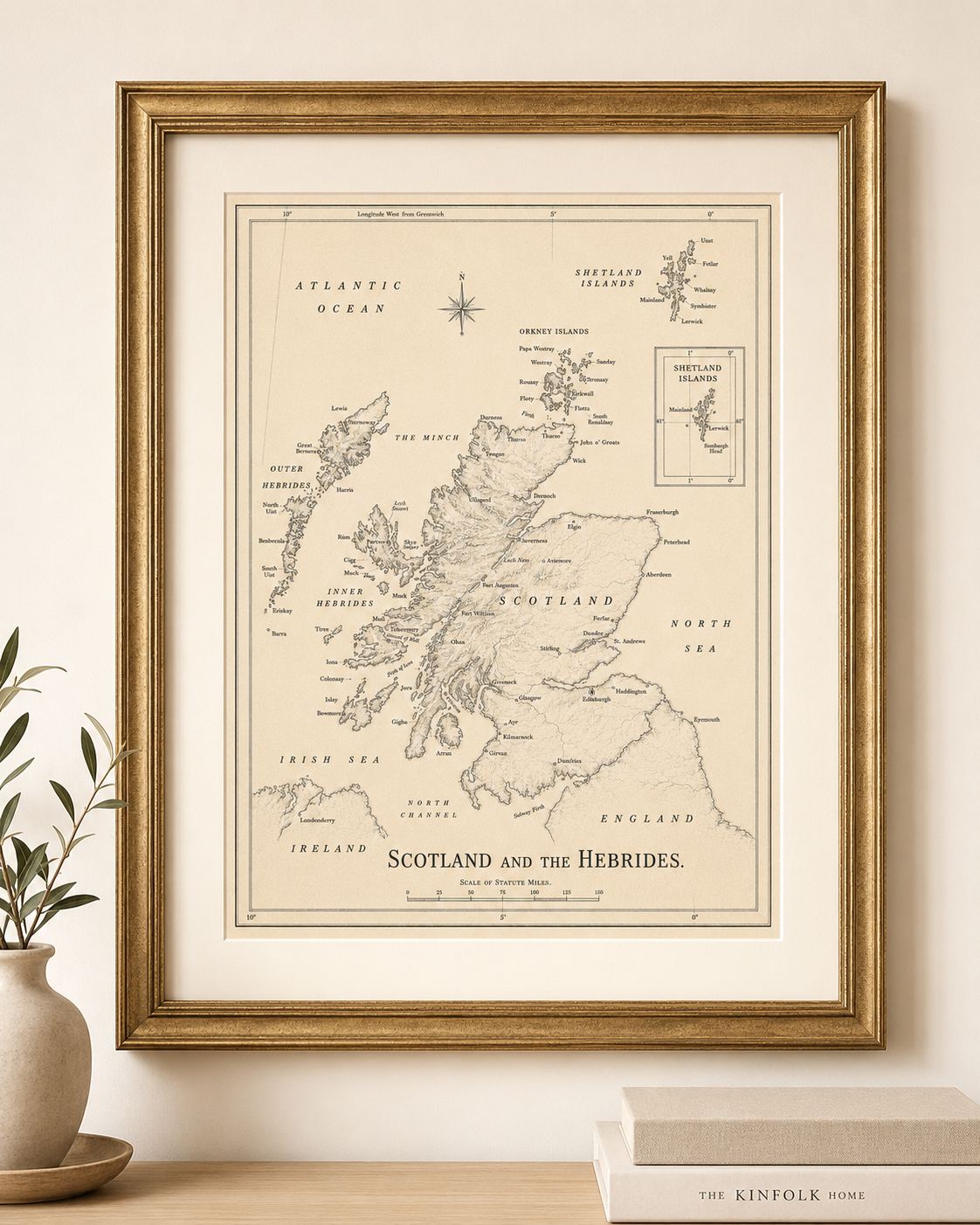 Large Vintage Scotland and the Hebrides Map— Mounted Art Print
