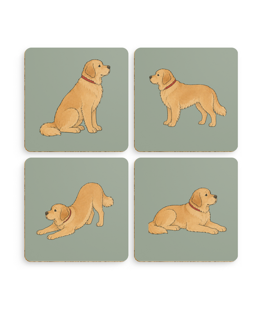 Golden Retriever illustrated coaster set of four on a table