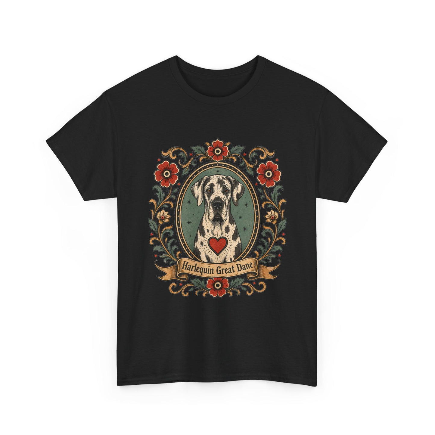 Harlequin Great Dane Portrait T‑Shirt — Vintage Floral Crest Tee