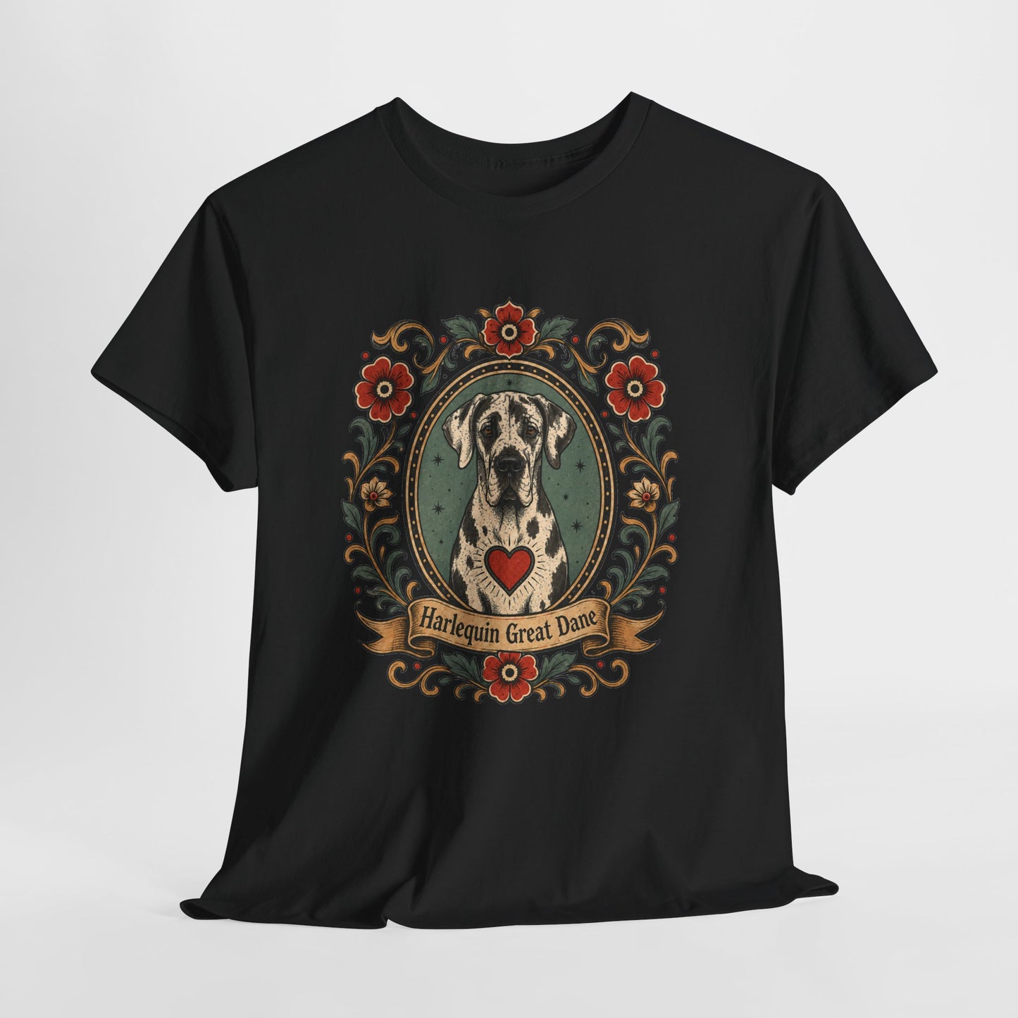 Harlequin Great Dane Portrait T‑Shirt — Vintage Floral Crest Tee