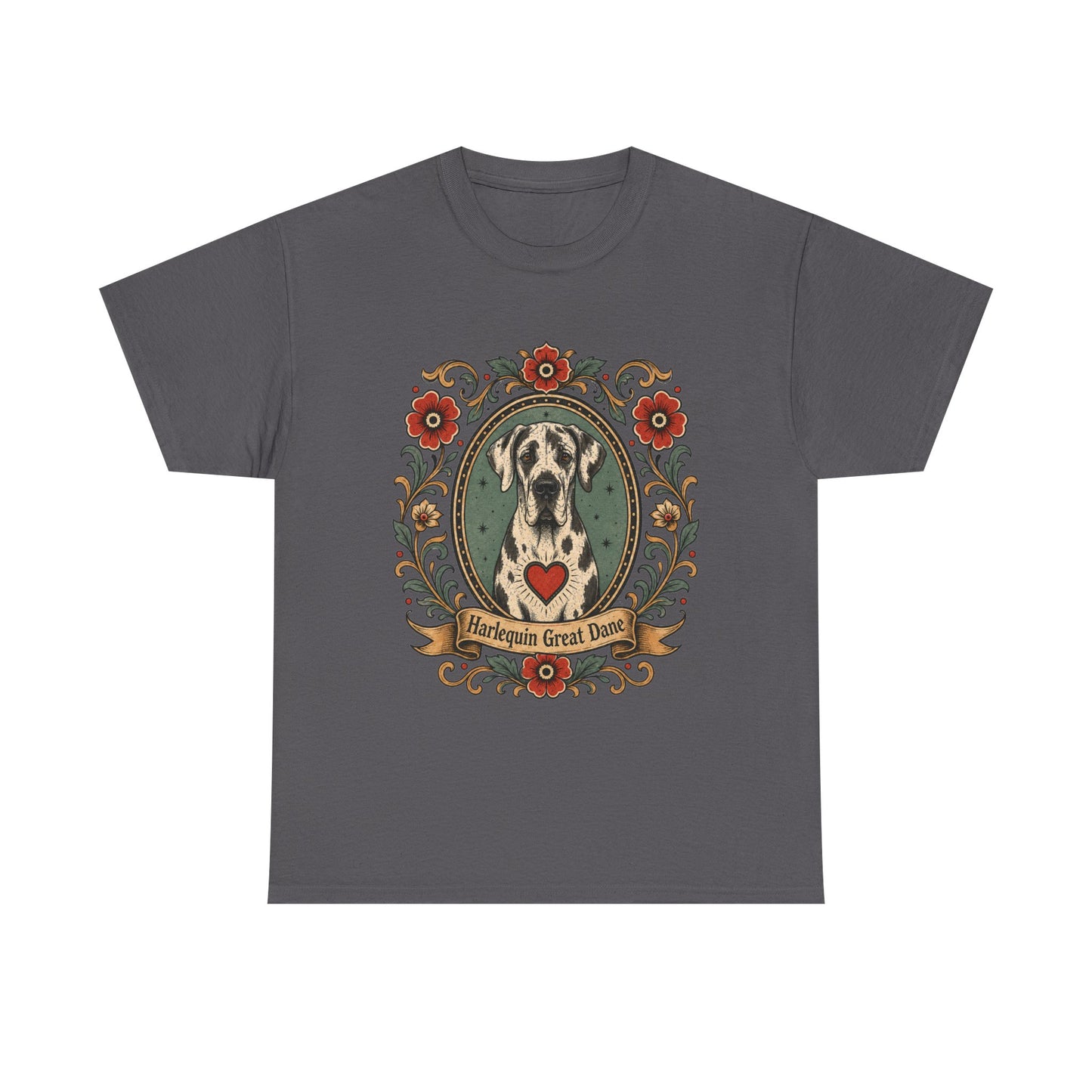 Harlequin Great Dane Portrait T‑Shirt — Vintage Floral Crest Tee