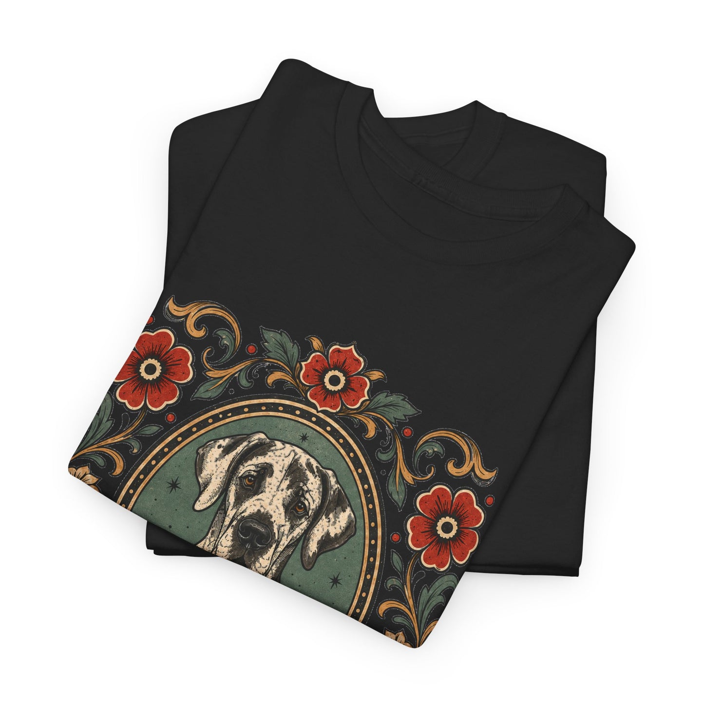 Harlequin Great Dane Portrait T‑Shirt — Vintage Floral Crest Tee