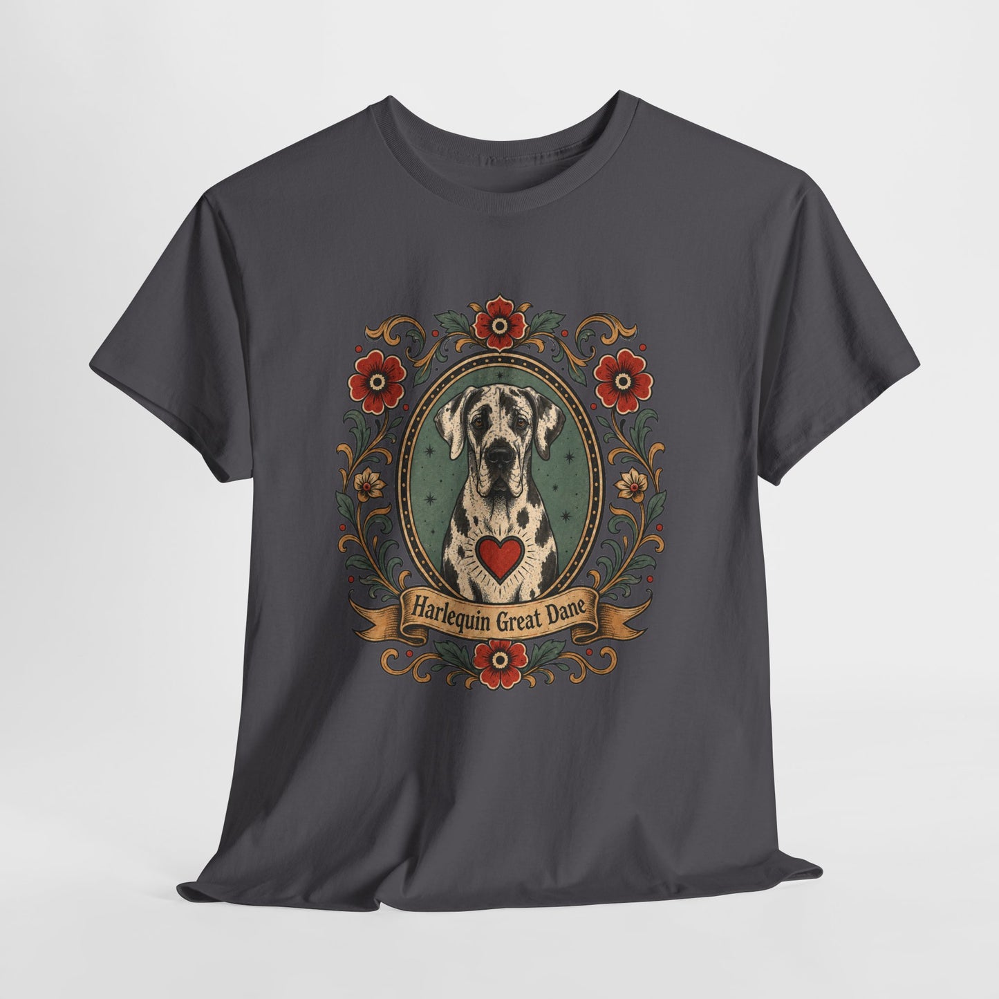 Harlequin Great Dane Portrait T‑Shirt — Vintage Floral Crest Tee