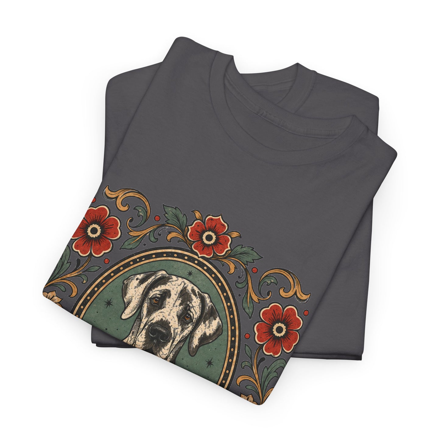 Harlequin Great Dane Portrait T‑Shirt — Vintage Floral Crest Tee