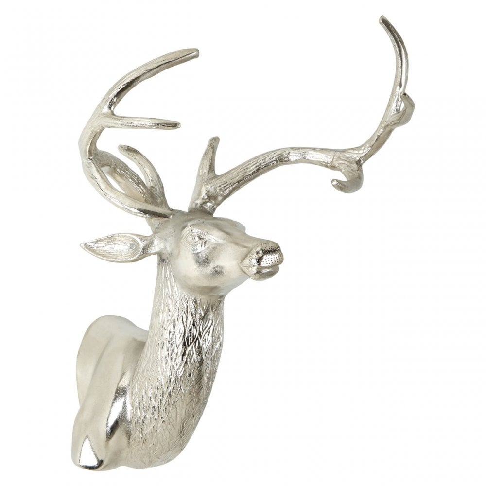 Silver Wall-Mounted Stag Head with Curved Antlers