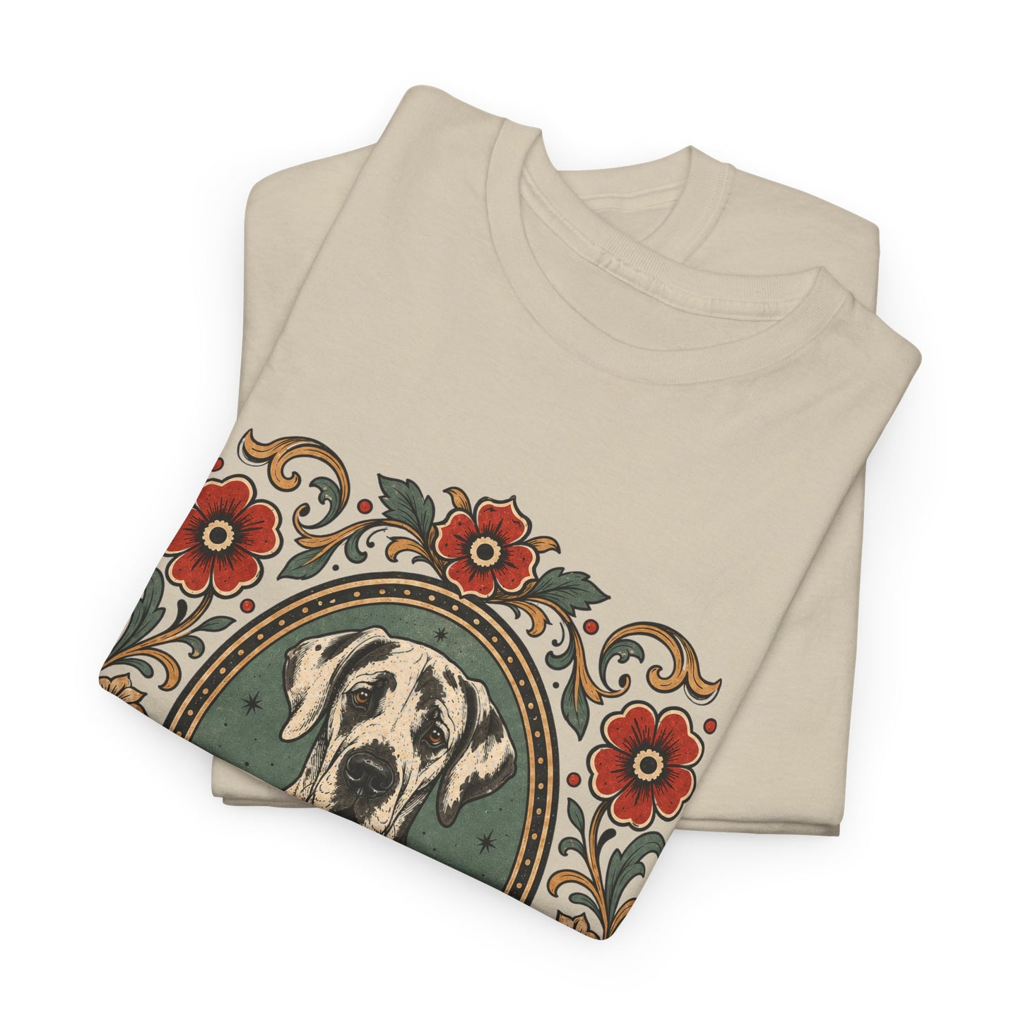 Harlequin Great Dane Portrait T‑Shirt — Vintage Floral Crest Tee
