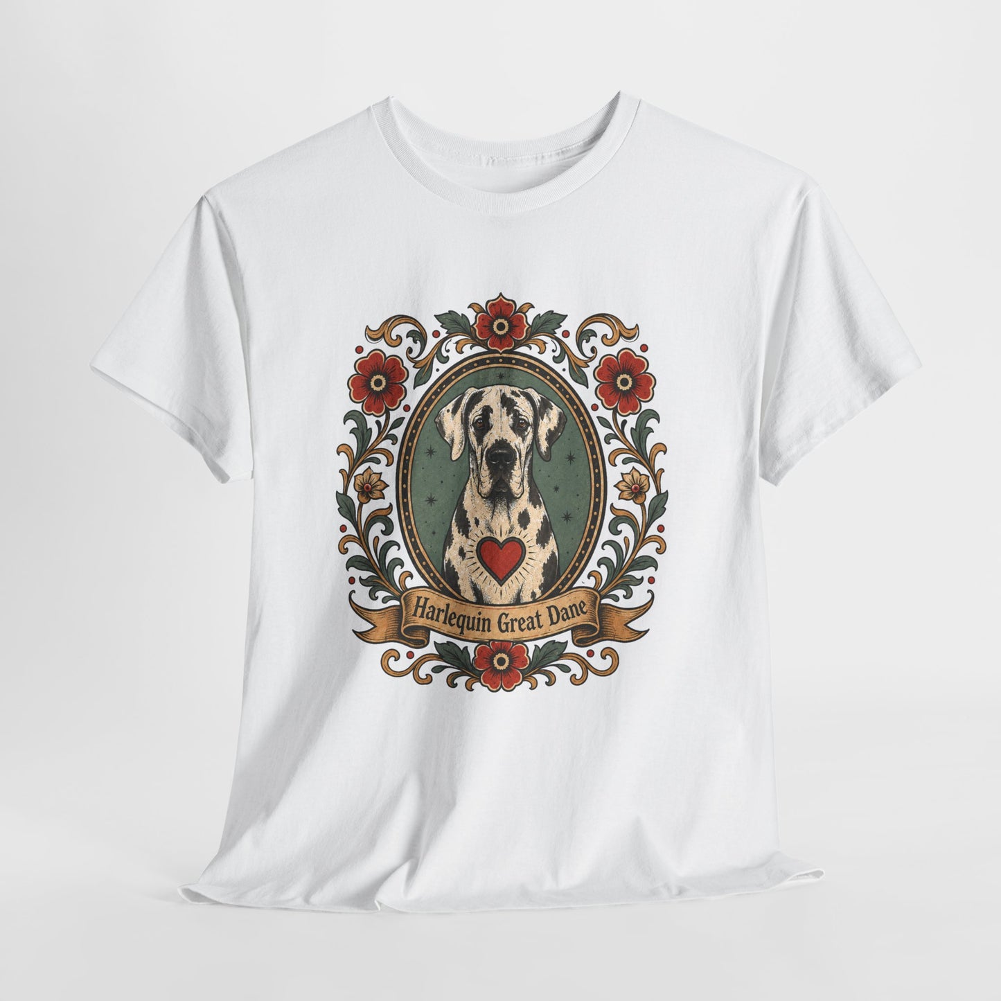 Harlequin Great Dane Portrait T‑Shirt — Vintage Floral Crest Tee