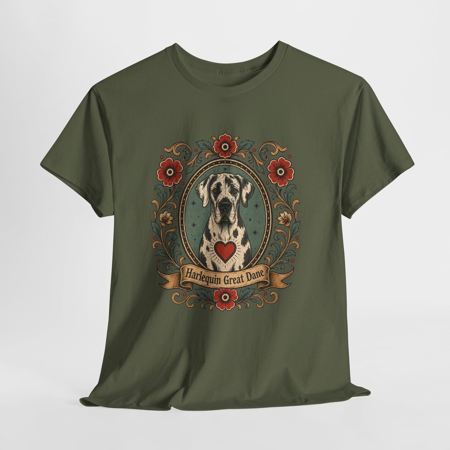 Harlequin Great Dane Portrait T‑Shirt — Vintage Floral Crest Tee