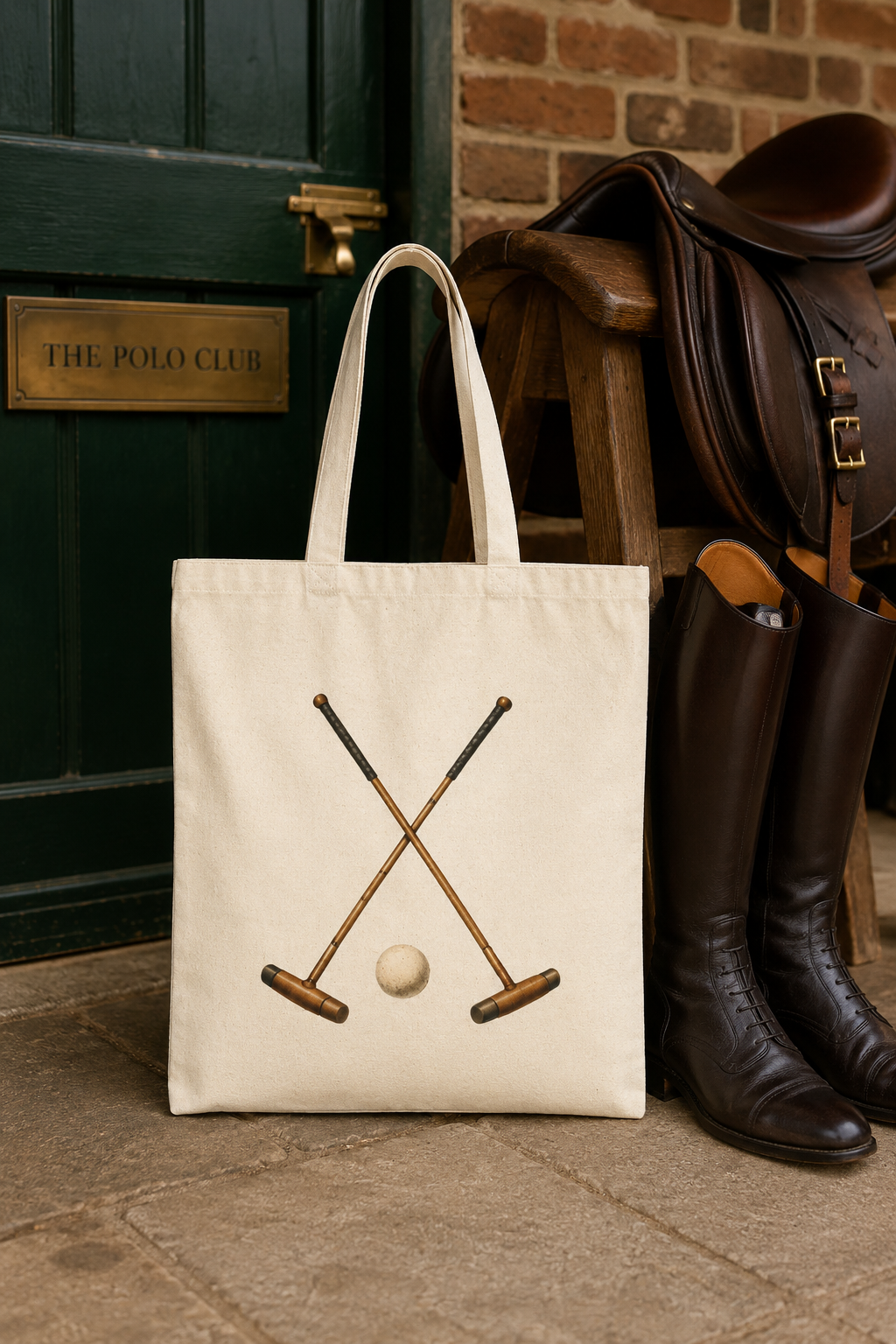 Polo Player Illustration Tote Bag | Crossed Mallets & Ball Tote