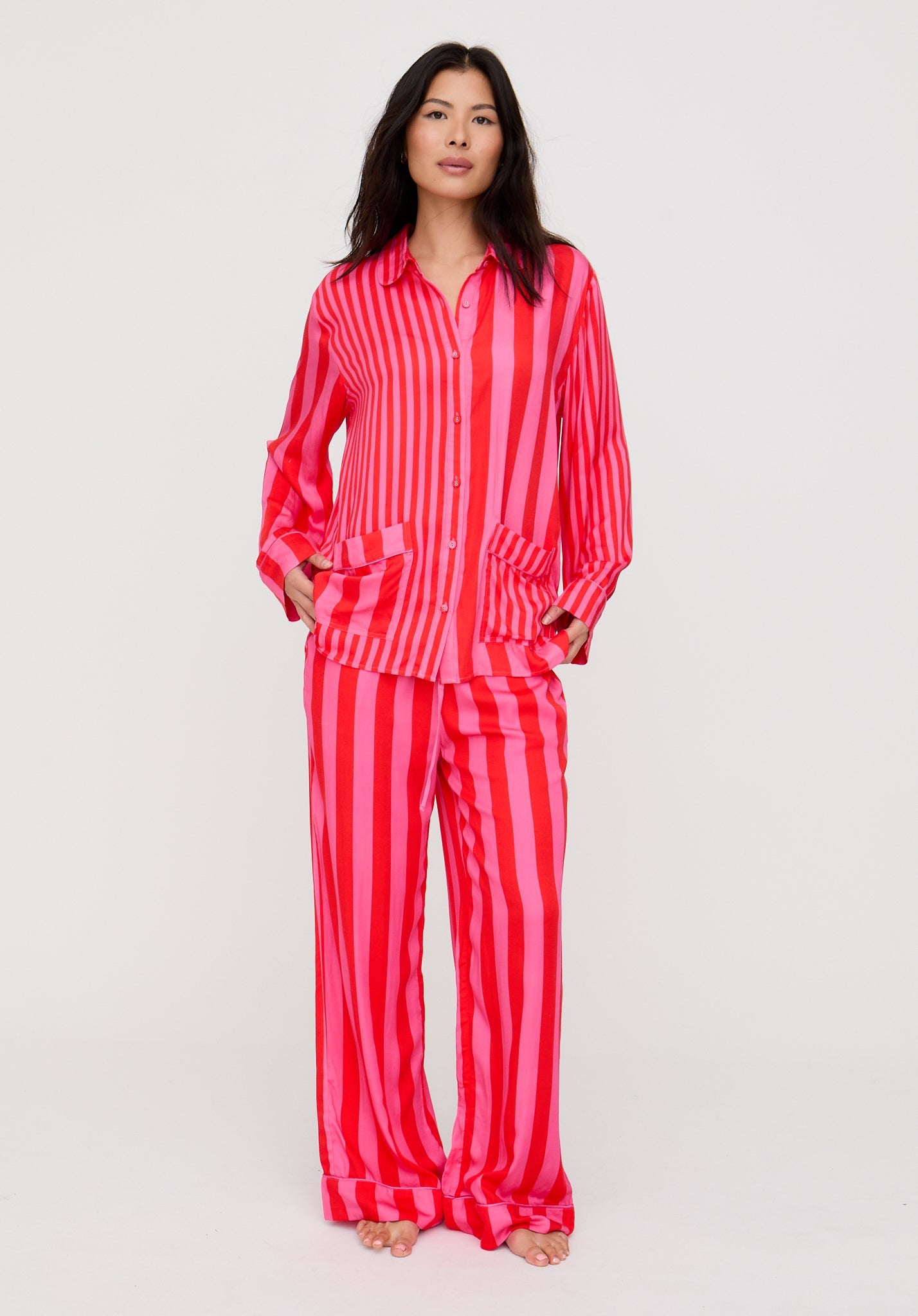Evie Long Sleeve Stripe Print Pyjama Set In Pink
