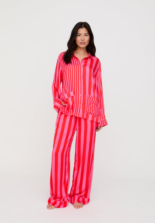 Evie Long Sleeve Stripe Print Pyjama Set In Pink