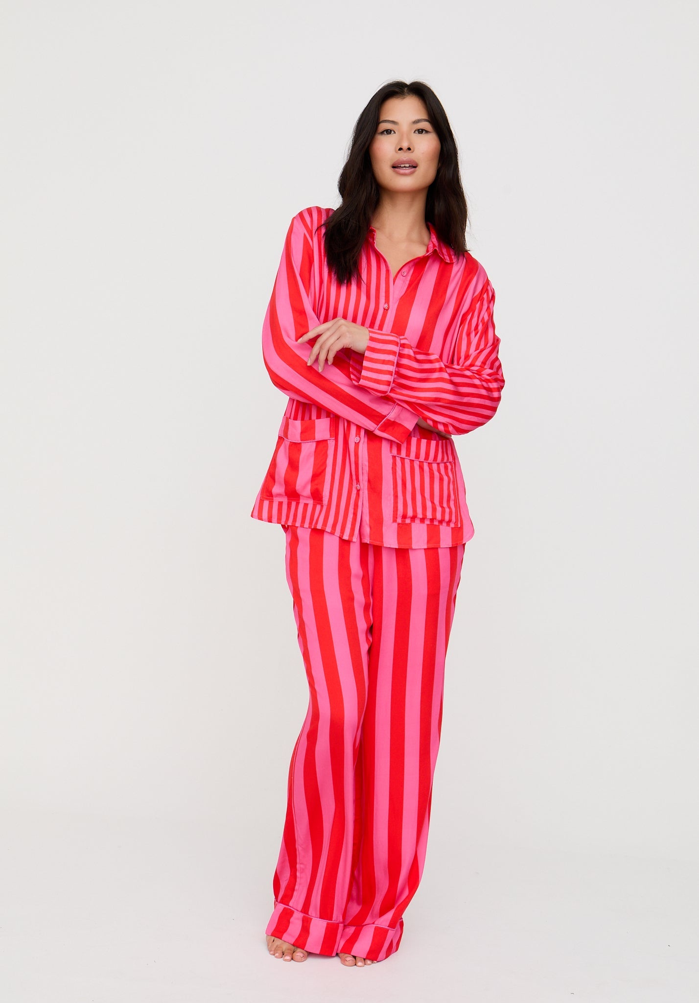 Evie Long Sleeve Stripe Print Pyjama Set In Pink