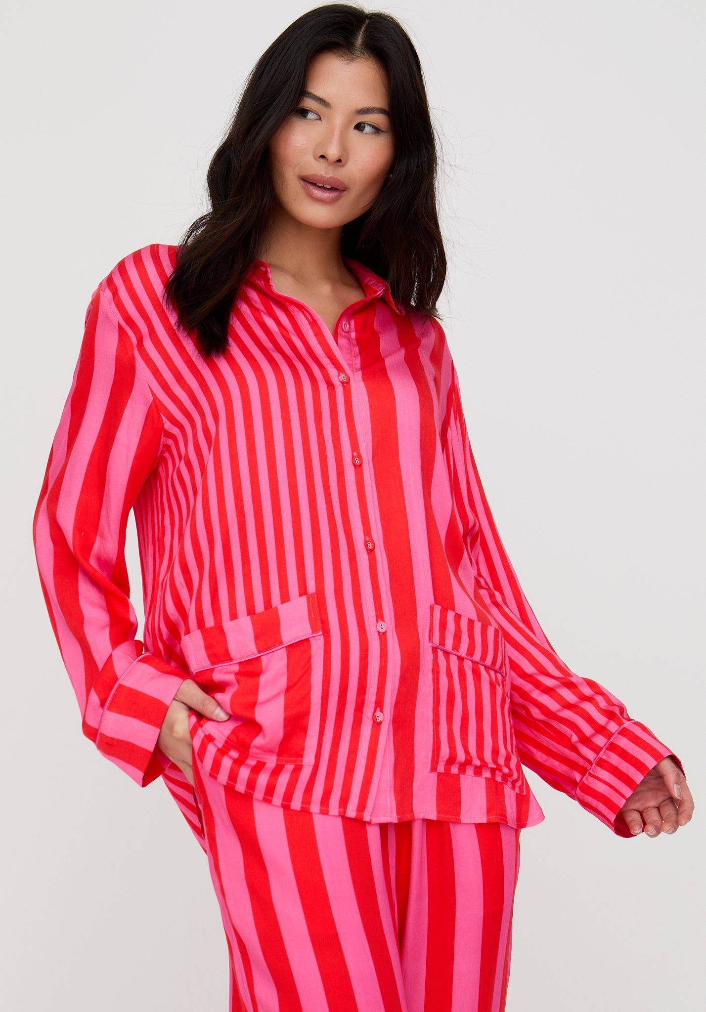 Evie Long Sleeve Stripe Print Pyjama Set In Pink