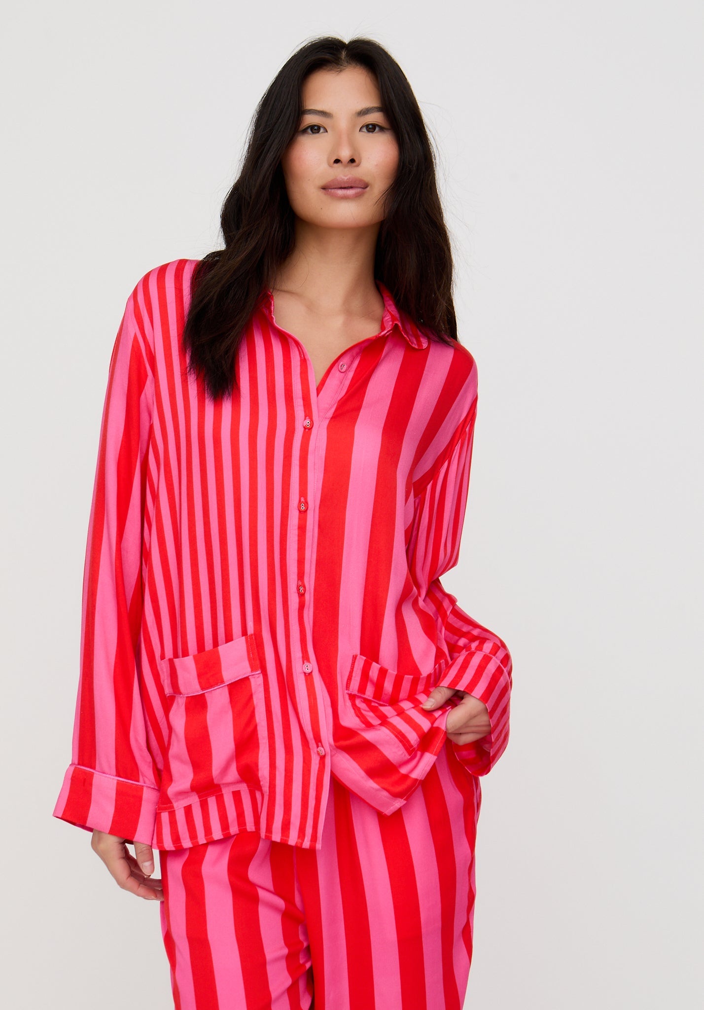 Evie Long Sleeve Stripe Print Pyjama Set In Pink
