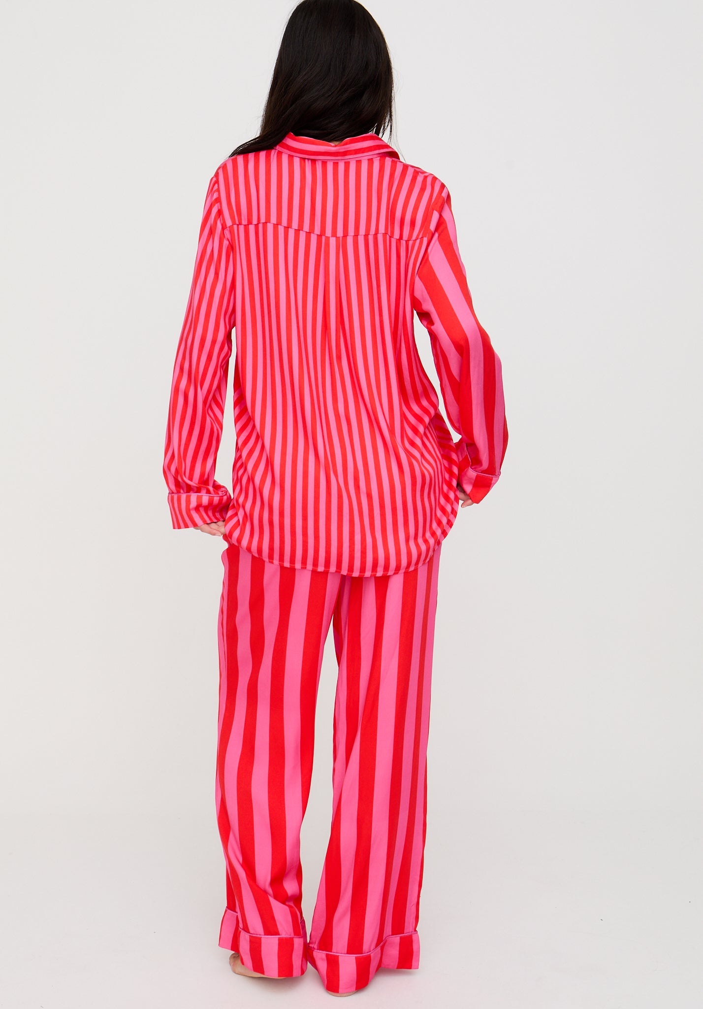 Evie Long Sleeve Stripe Print Pyjama Set In Pink