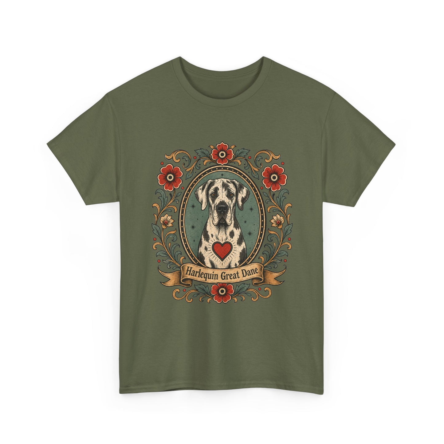 Harlequin Great Dane Portrait T‑Shirt — Vintage Floral Crest Tee