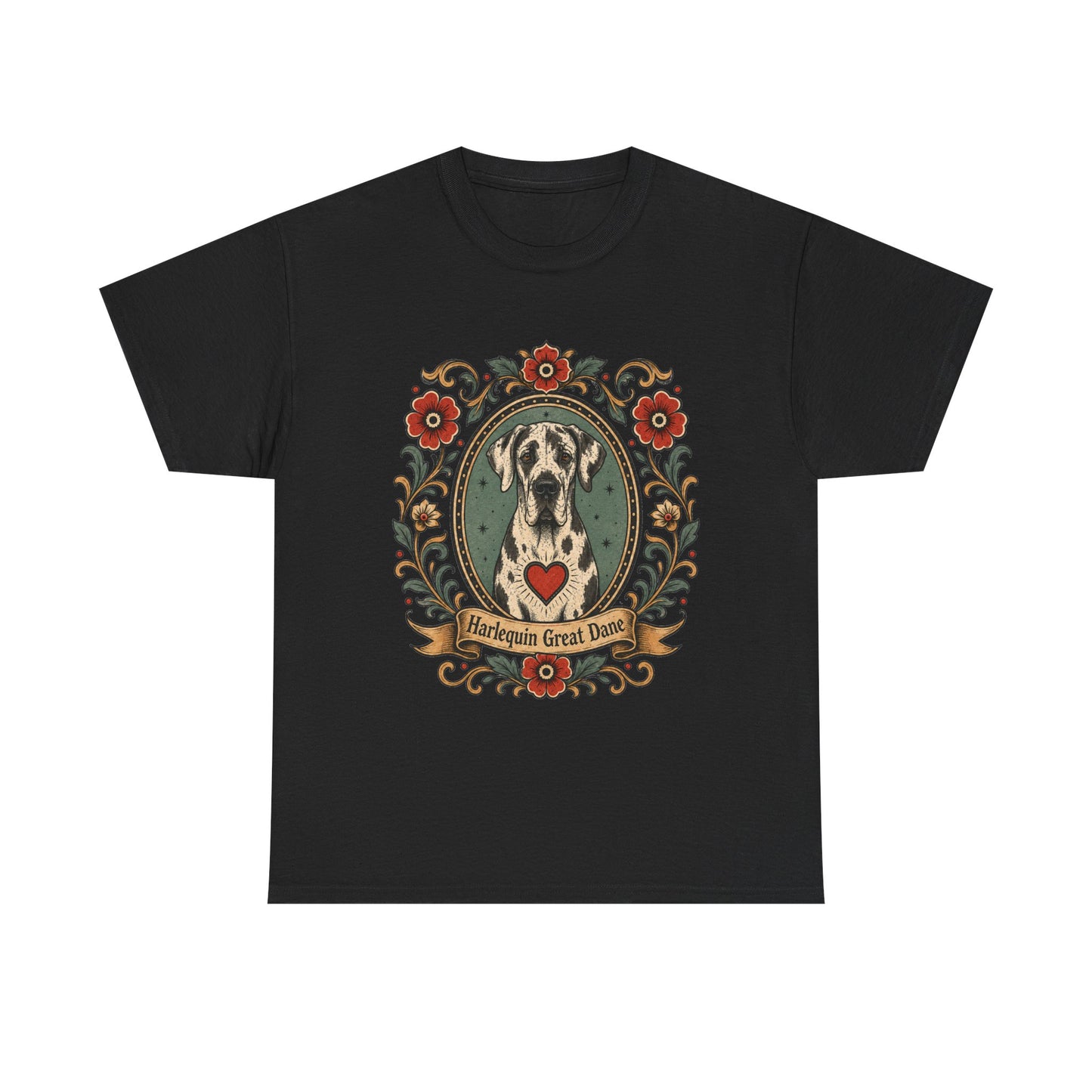 Harlequin Great Dane Portrait T‑Shirt — Vintage Floral Crest Tee