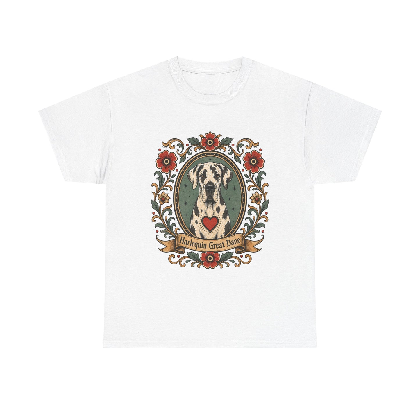 Harlequin Great Dane Portrait T‑Shirt — Vintage Floral Crest Tee