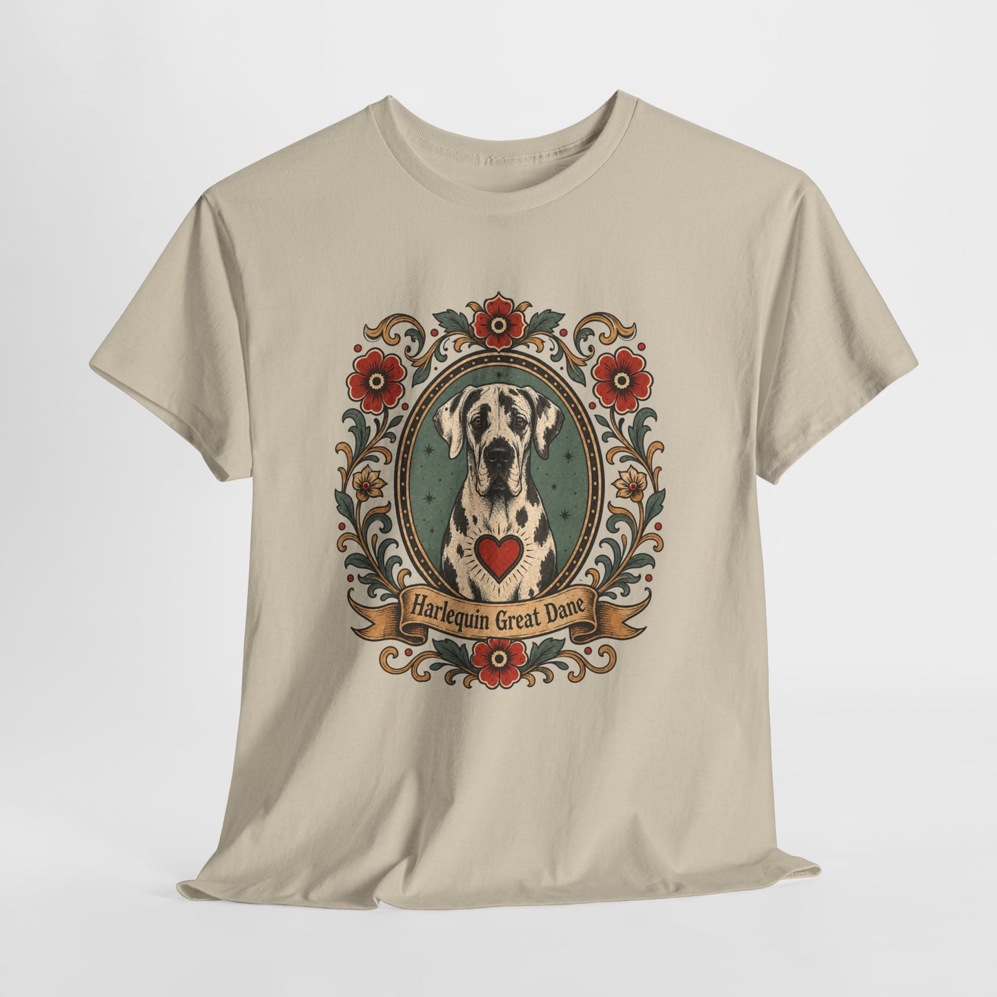 Harlequin Great Dane Portrait T‑Shirt — Vintage Floral Crest Tee