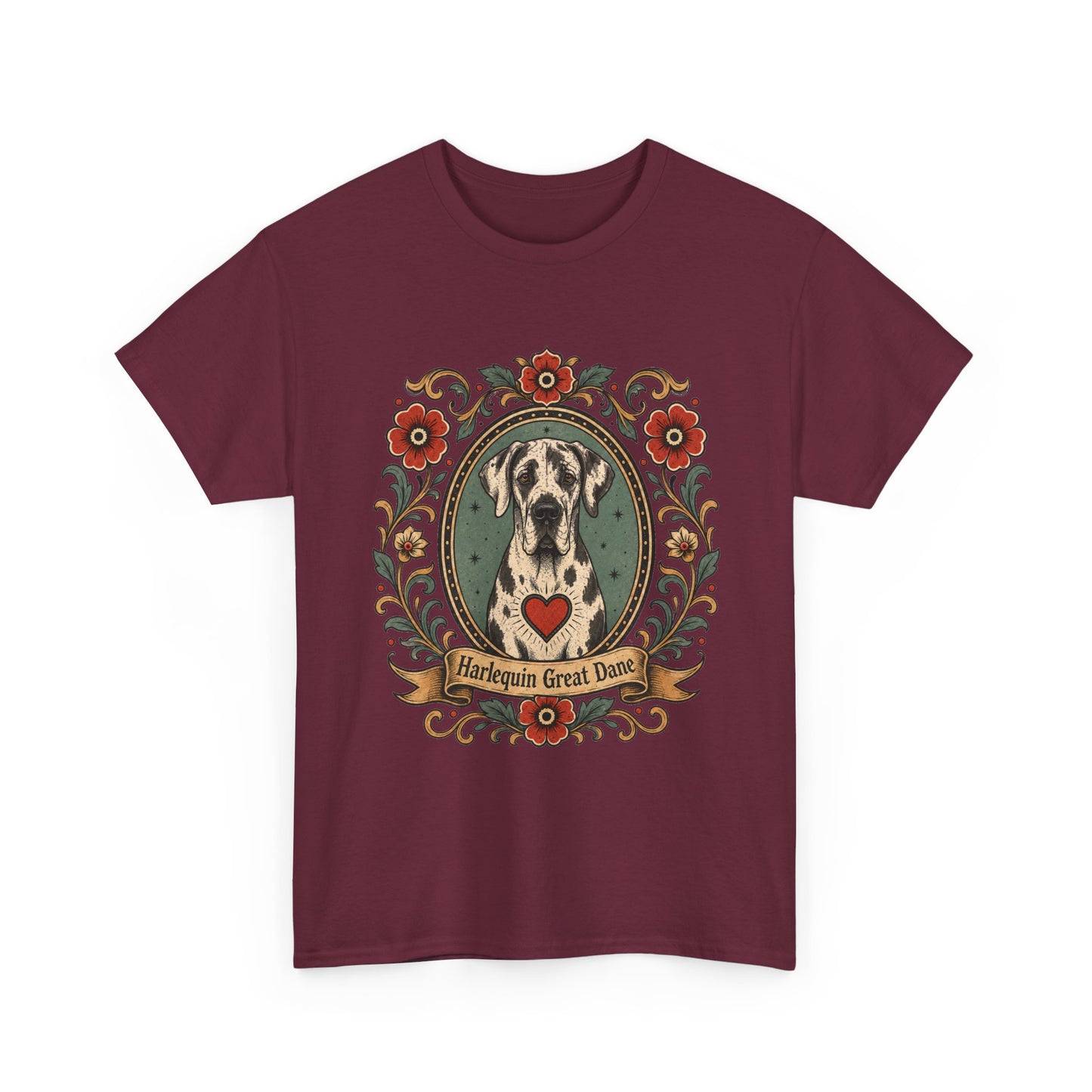 Harlequin Great Dane Portrait T‑Shirt — Vintage Floral Crest Tee
