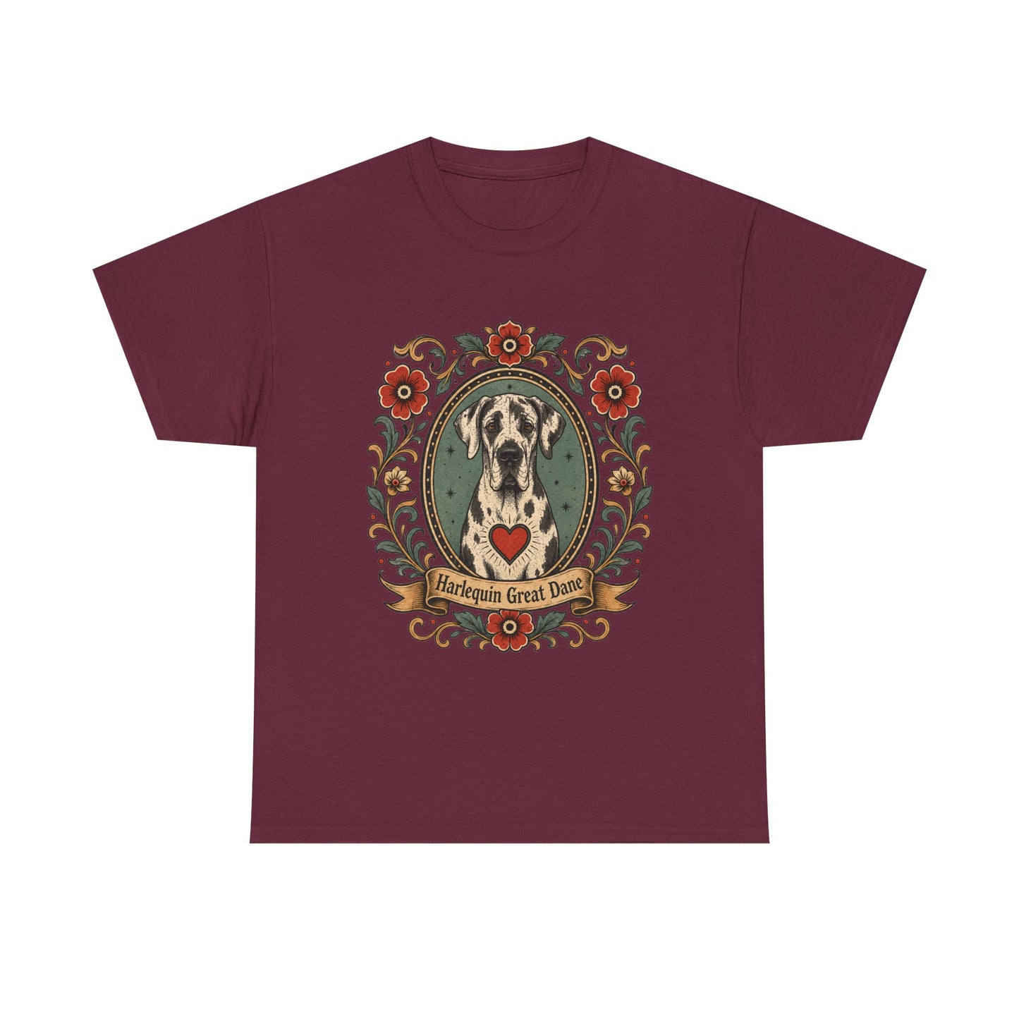 Harlequin Great Dane Portrait T‑Shirt — Vintage Floral Crest Tee