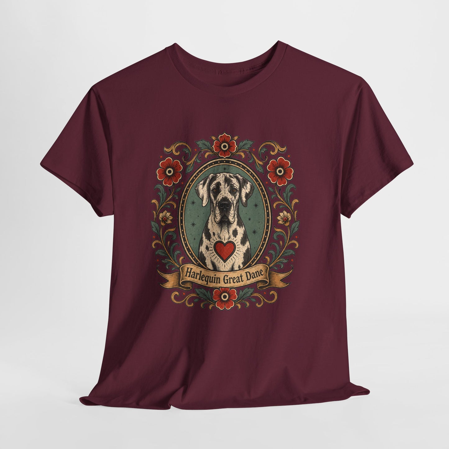 Harlequin Great Dane Portrait T‑Shirt — Vintage Floral Crest Tee