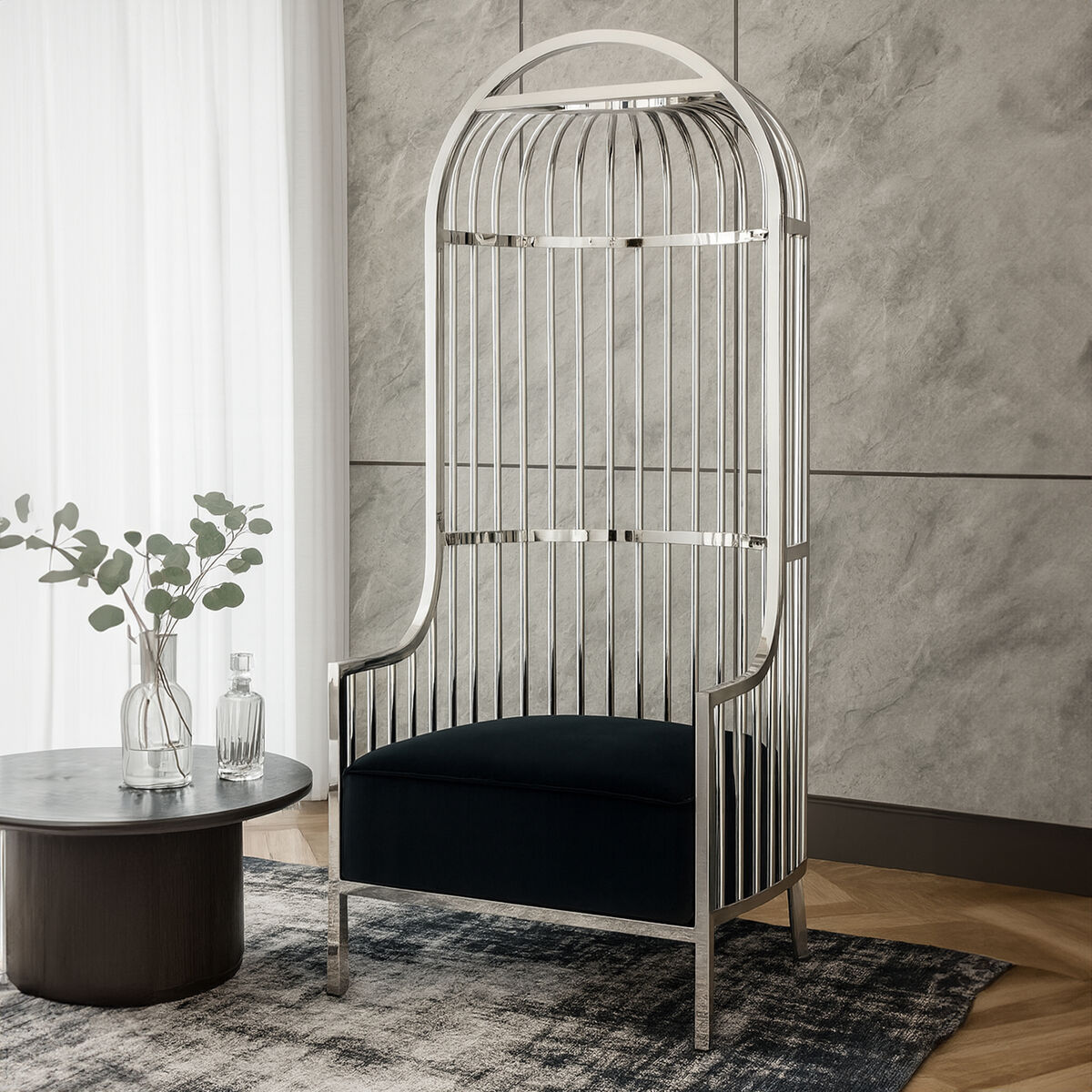 Eliza Silver Metal Dome Cage Chair with Cushion