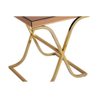 Brown Square Glass Top Side Table with Gold Finish Metallic X-Shaped Base | Kensington Townhouse