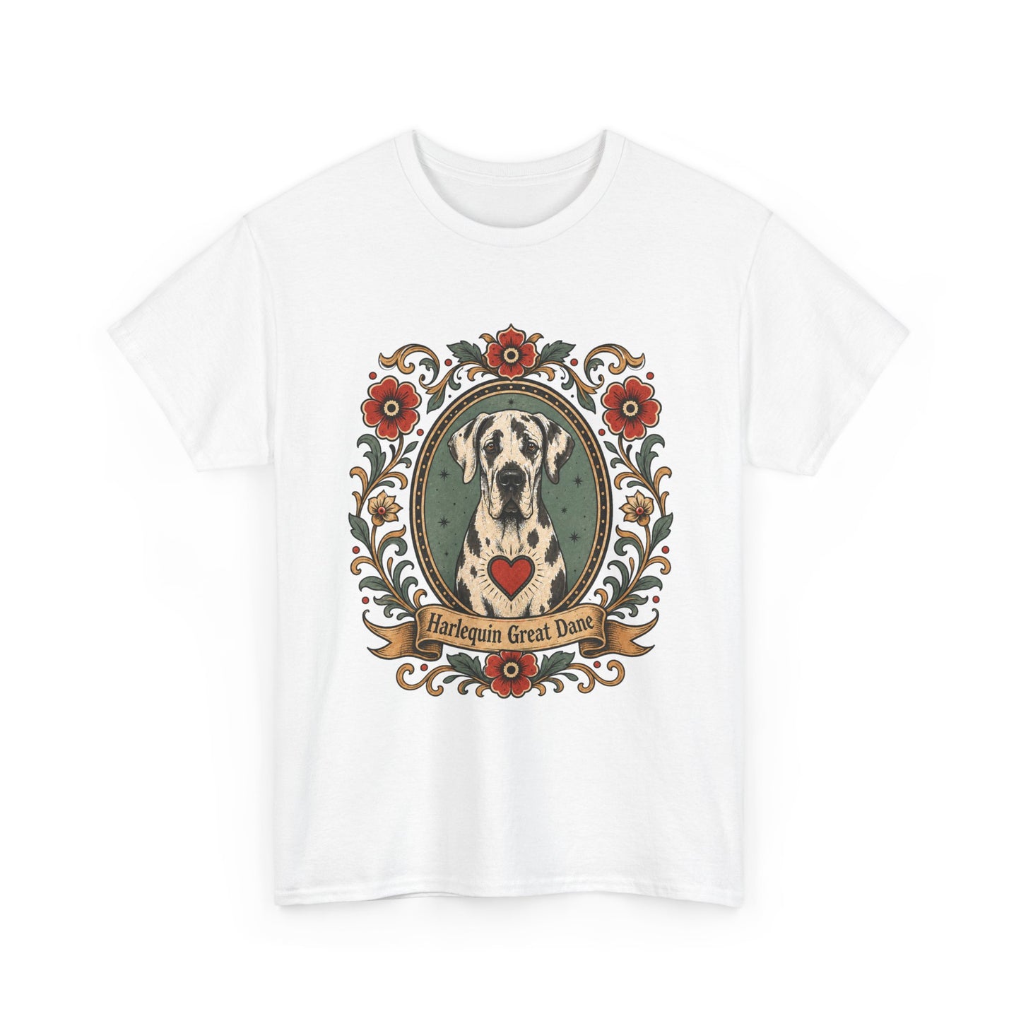 Harlequin Great Dane Portrait T‑Shirt — Vintage Floral Crest Tee