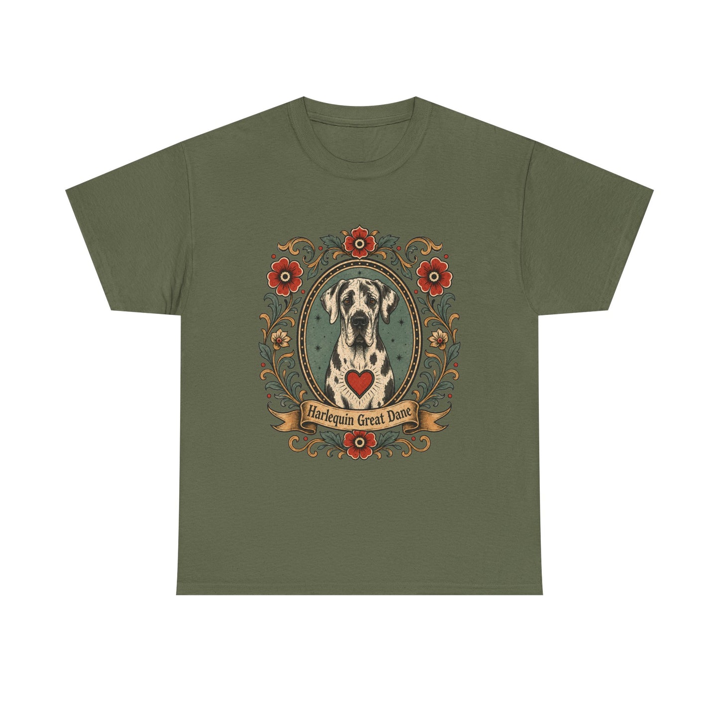 Harlequin Great Dane Portrait T‑Shirt — Vintage Floral Crest Tee