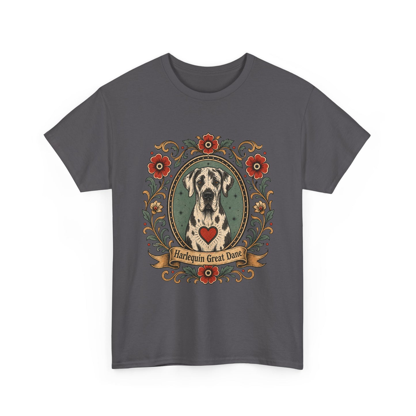 Harlequin Great Dane Portrait T‑Shirt — Vintage Floral Crest Tee
