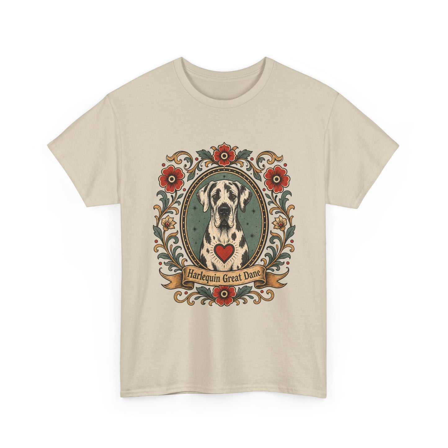 Harlequin Great Dane Portrait T‑Shirt — Vintage Floral Crest Tee