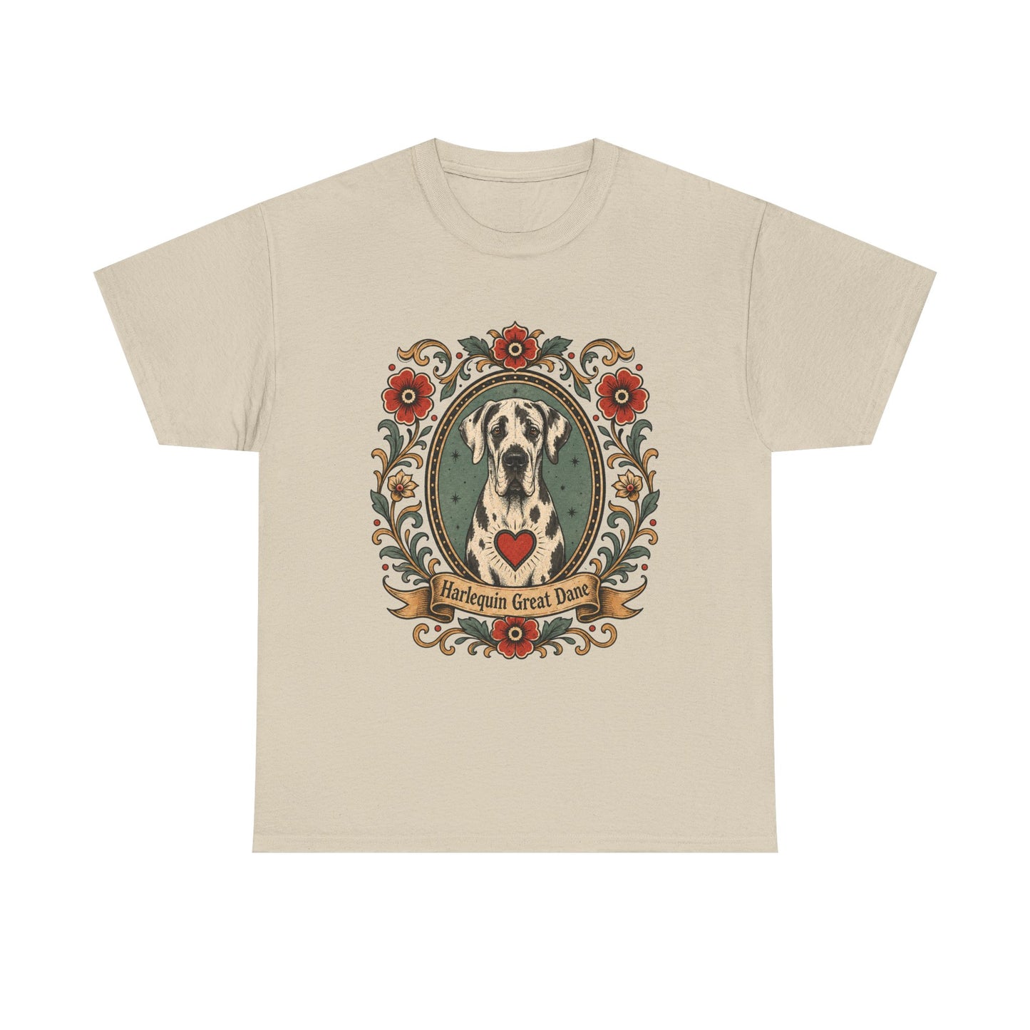 Harlequin Great Dane Portrait T‑Shirt — Vintage Floral Crest Tee