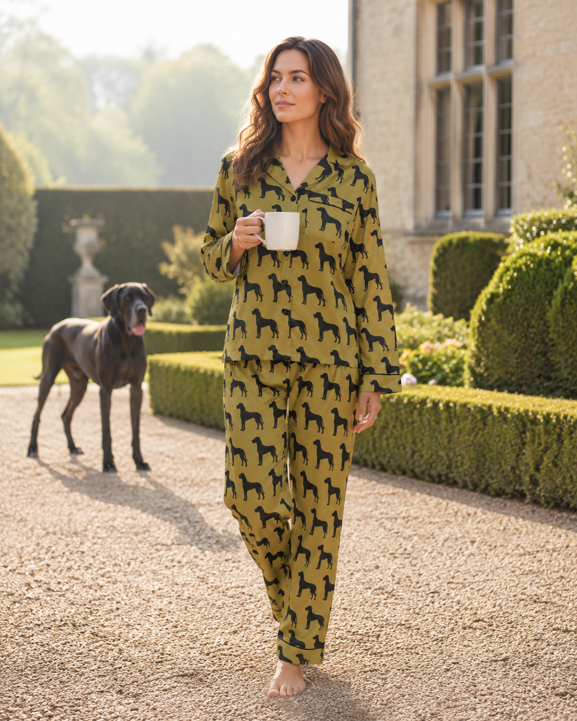 Mustard Great Dane Silhouette Satin Pyjama Set