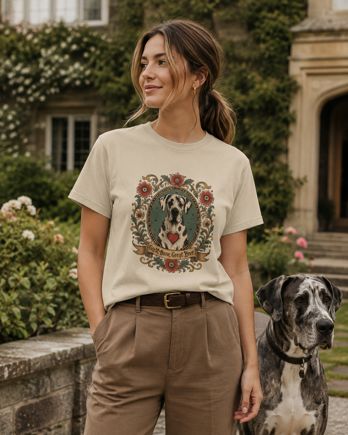 Harlequin Great Dane Portrait T‑Shirt — Vintage Floral Crest Tee