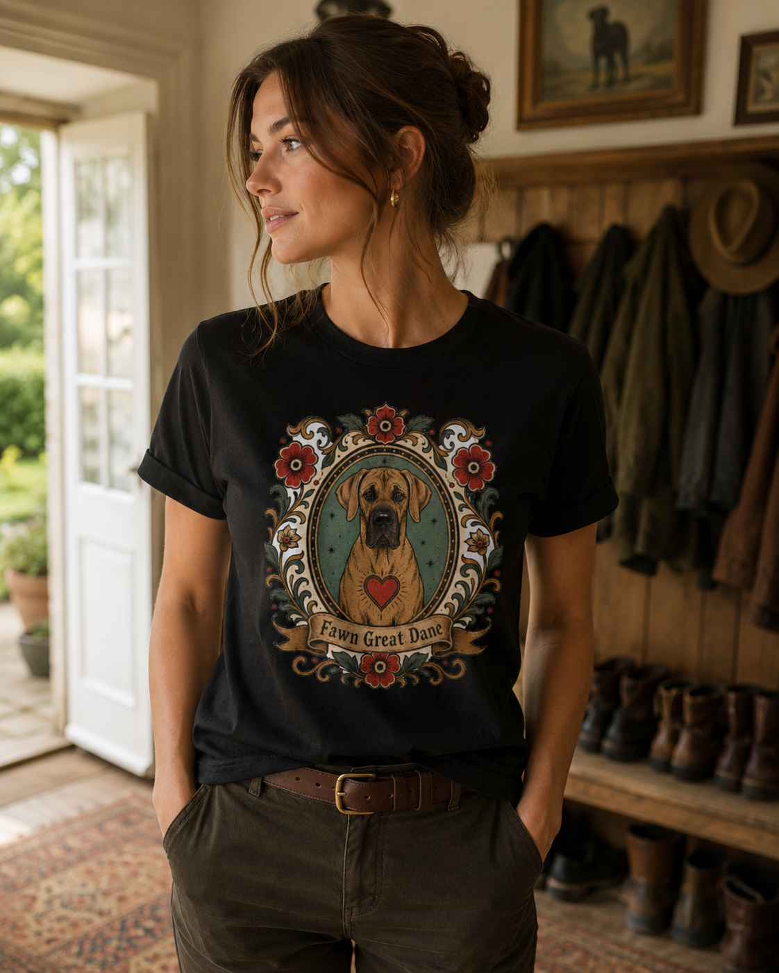 Fawn Great Dane Dog T-Shirt — 'Fawn Great Dane' Floral Portrait Tee