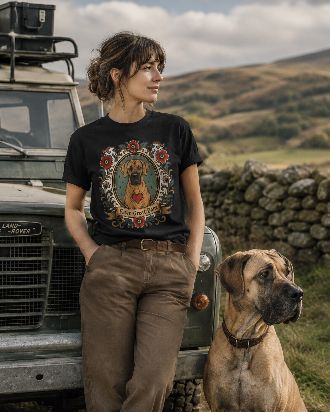 Fawn Great Dane Dog T-Shirt — 'Fawn Great Dane' Floral Portrait Tee