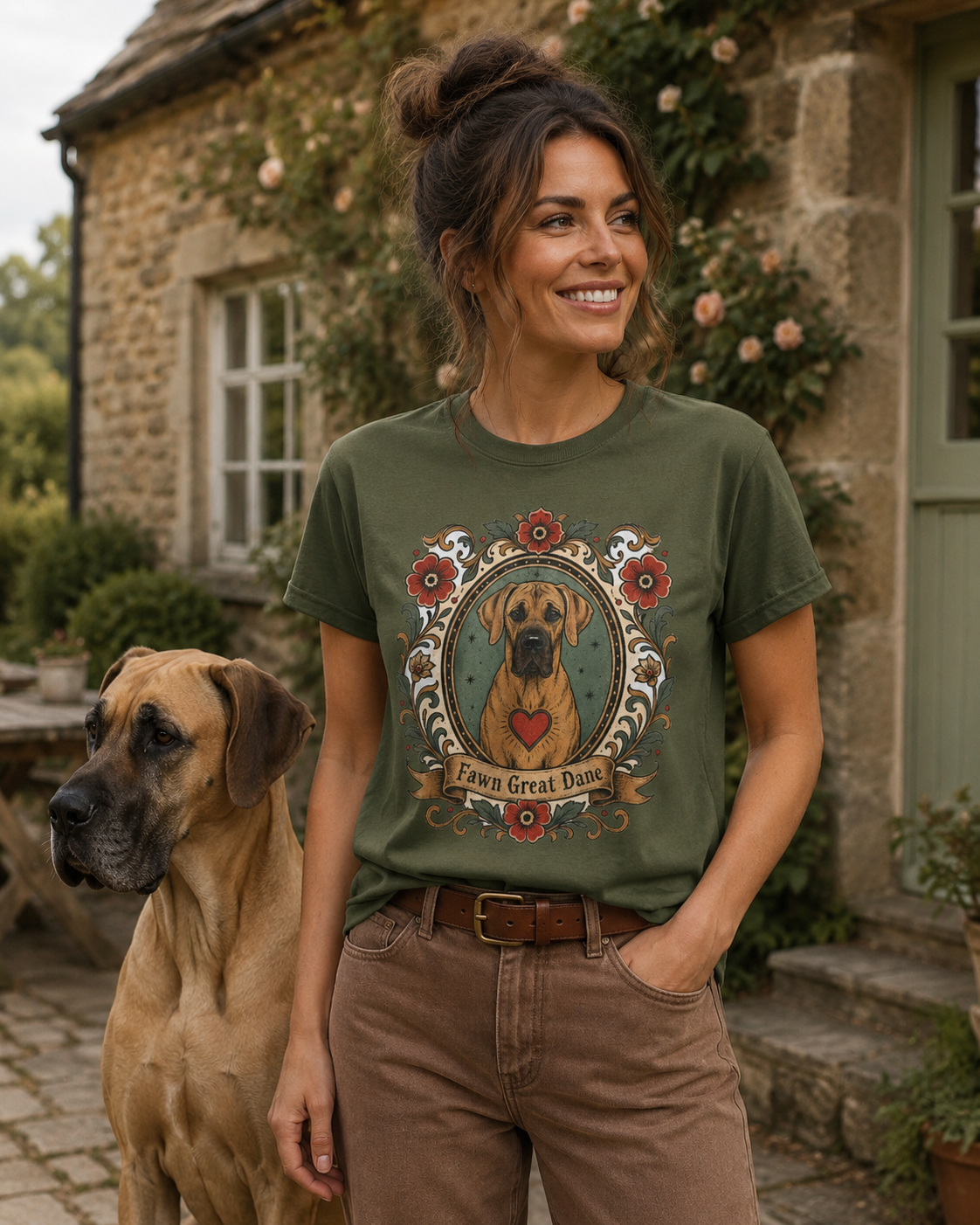Fawn Great Dane Dog T-Shirt — 'Fawn Great Dane' Floral Portrait Tee