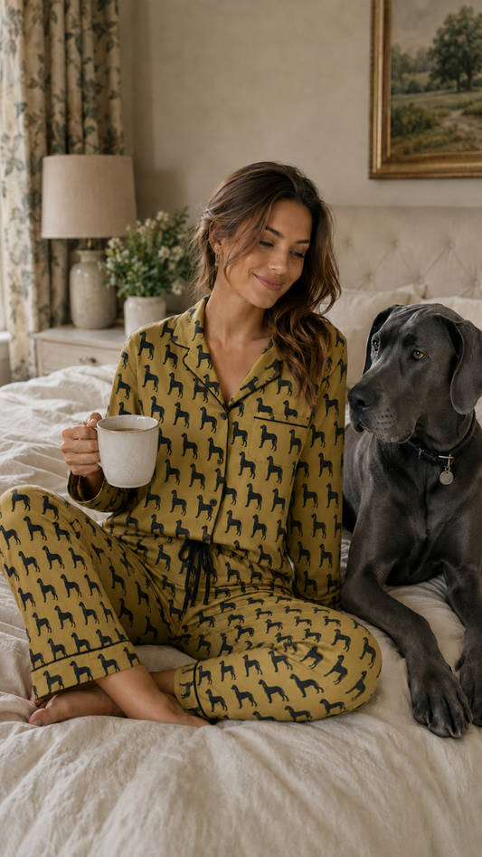 Mustard Great Dane Silhouette Satin Pyjama Set