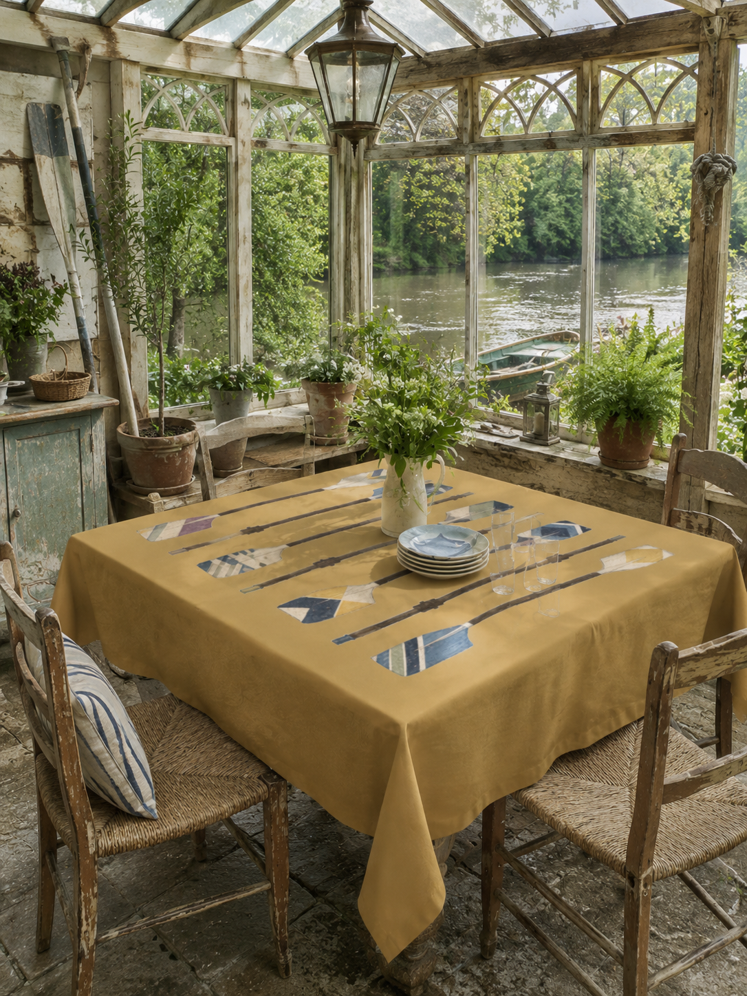 Vintage Rowing Oars Tablecloth, Mustard Regatta Table Linen