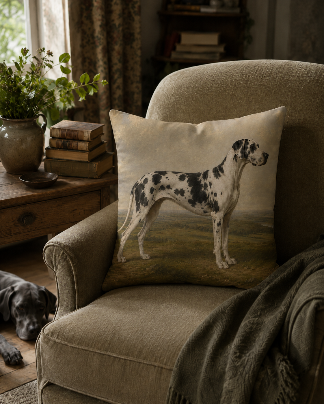 Vintage Harlequin Great Dane Portrait Cushion