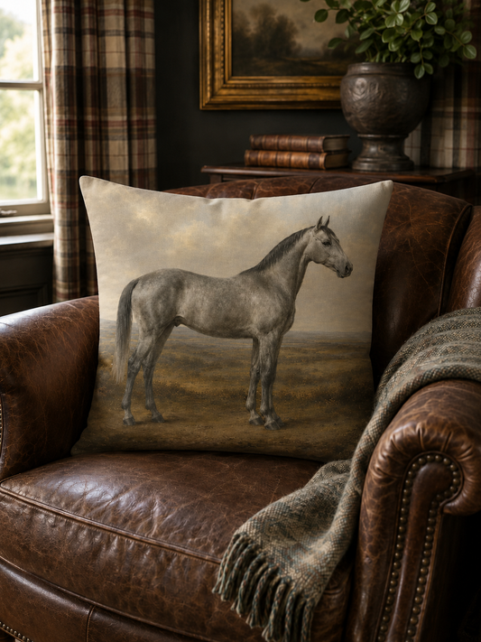 Vintage Grey Horse Portrait Cushion | Equestrian Country House Decor