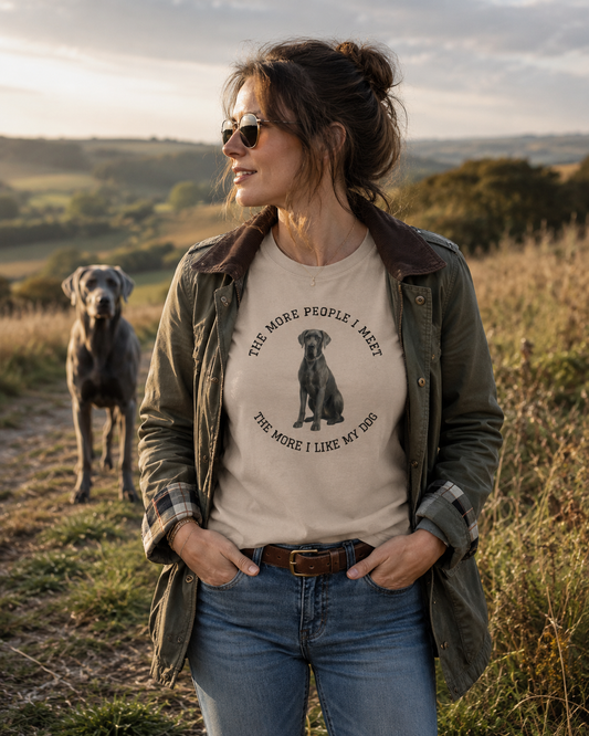 The More People I Meet Women’s Dog T-Shirt, Vintage Dog Lover Tee, Blue Great Dane