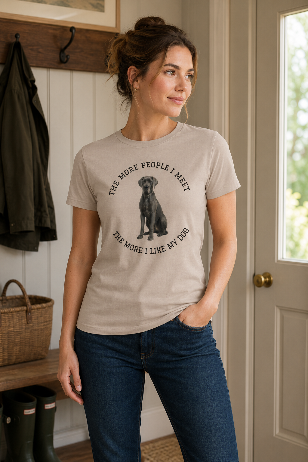 The More People I Meet Women’s Dog T-Shirt, Vintage Dog Lover Tee, Blue Great Dane