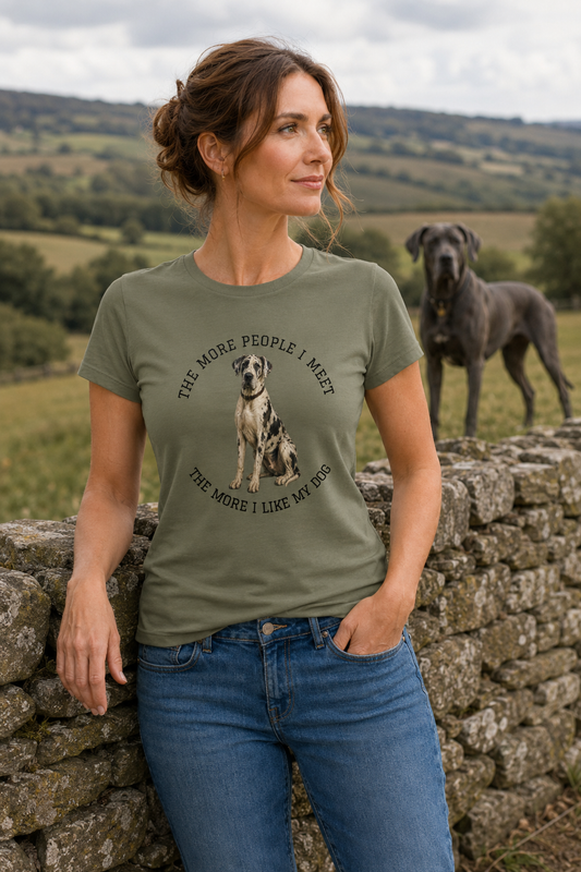 The More People I Meet Women’s Dog T-Shirt, Vintage Dog Lover Tee, Harlequin Great Dane