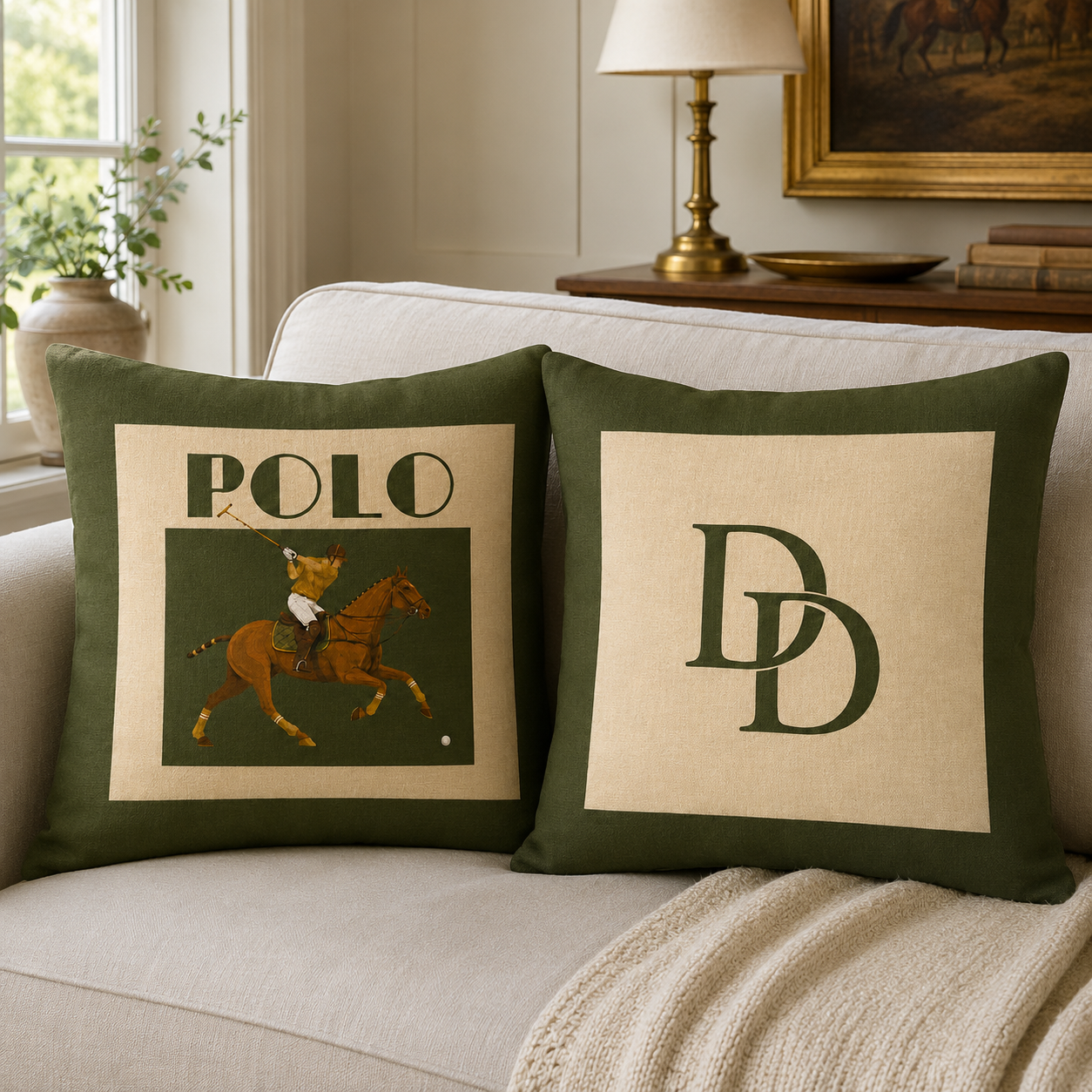 The Olive Polo Cushion | Vintage Equestrian Faux-Suede Throw Cushion
