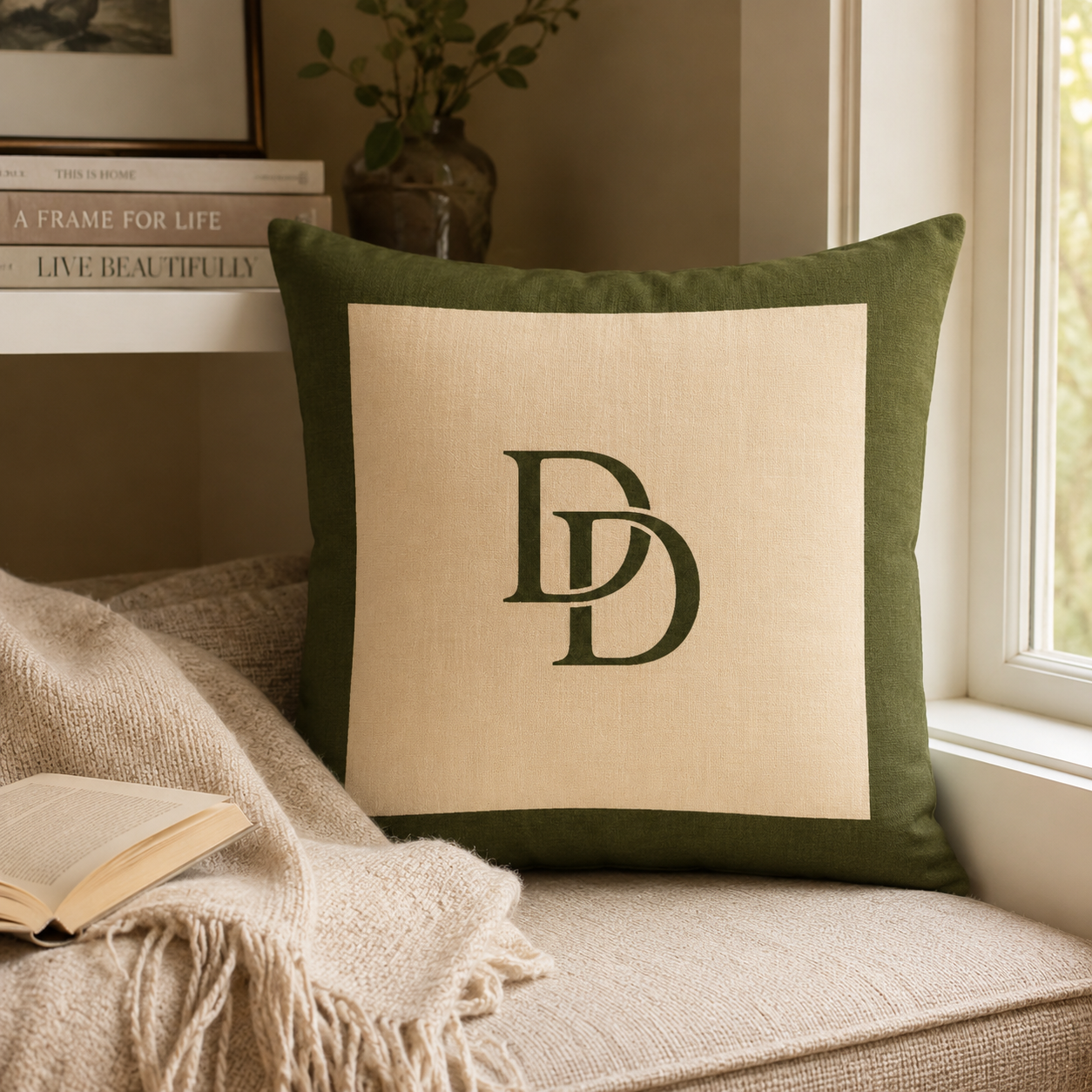 The Heritage Double-D Monogram Cushion | Olive Green Cushion